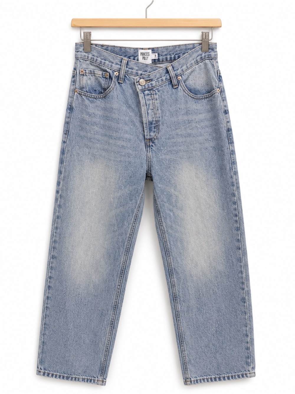 Princess Polly BP-DNM Asymmetrical Crossover Straight Leg Jeans Sz 8 Light Wash